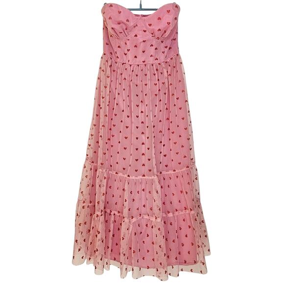 Betsy Johnson Pale Pink Glittery Heart Printed Tulle Romantic Midi Dress - Picture 3 of 10